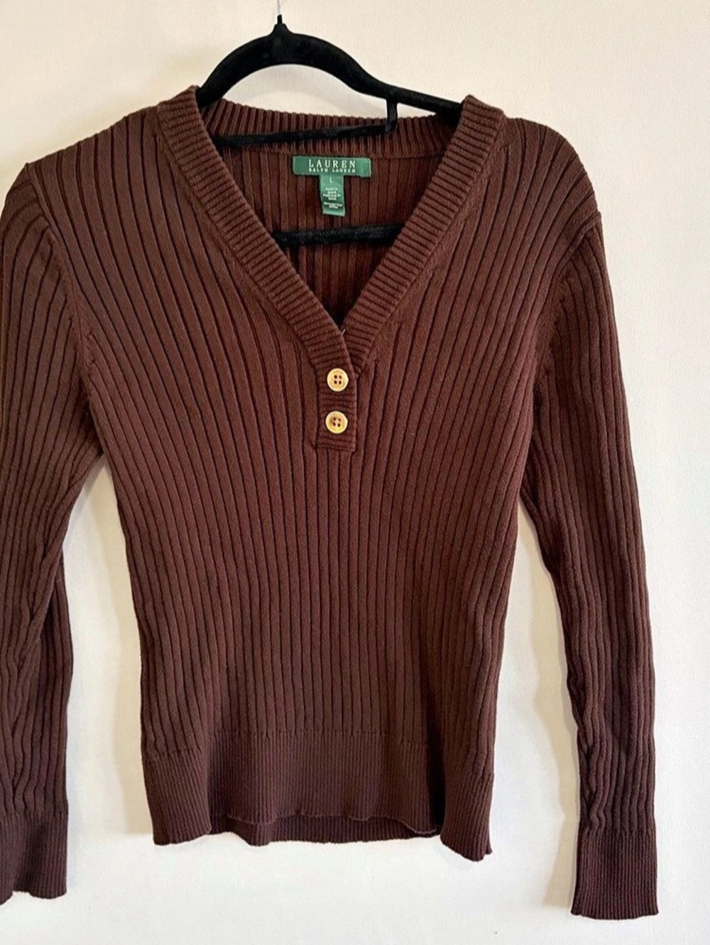 Ralph Lauren Ribbed Knit Top Sweater Womens L Brown V Neck Long Sleeve Cotton